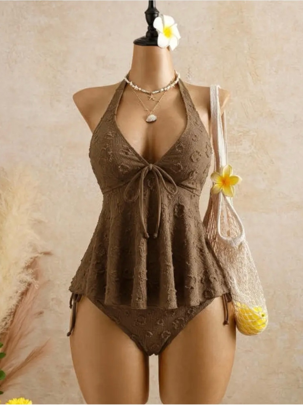 Brown Halter Tankini Swim Set - Women Swim